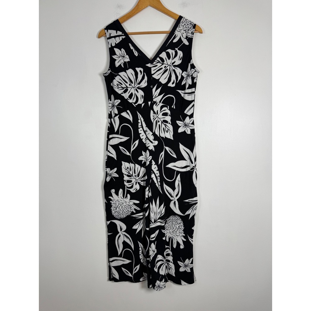 Tropical Cuddl Duds Womens PM Jumpsuit Black White Floral V-Neck Wide Leg Pocket